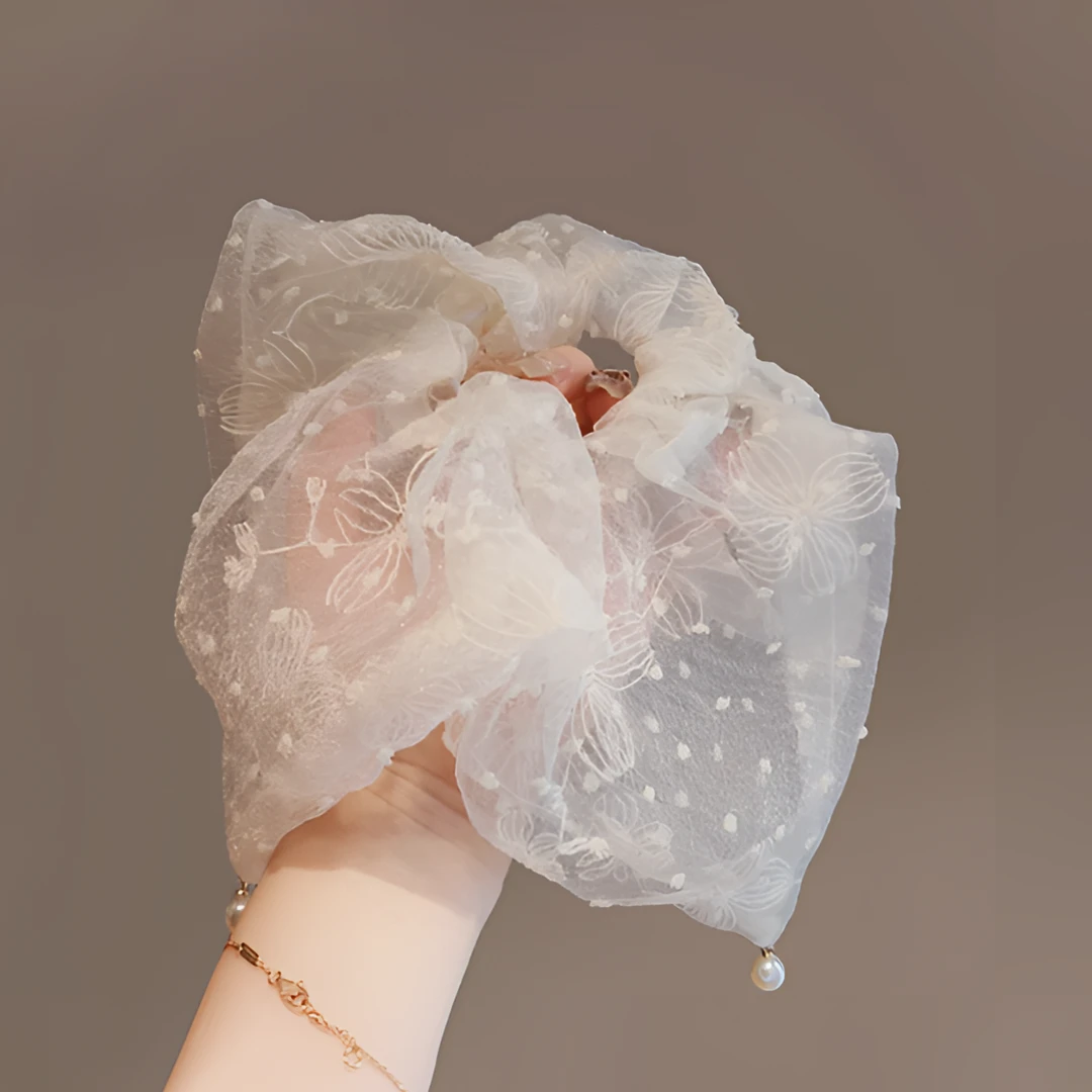 温柔波点珠珠高级感发饰设计感绢纱刺绣发绳气质方巾吊坠扎发发圈