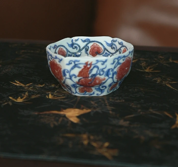 勤义堂青花釉里红一路生花杯景德镇茶器家用饮茶主人杯中式