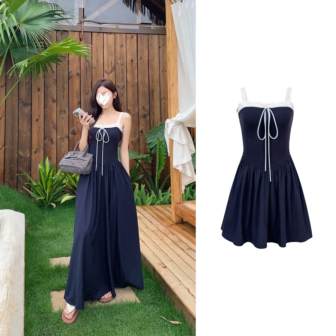 【流动的本真】法式黑色显瘦气质设计感修身上衣吊带连衣裙女1232