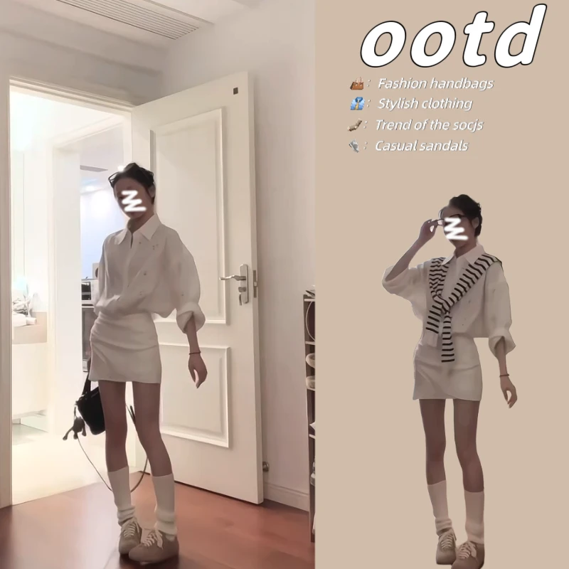 2025春夏新款镂空长袖衬衫连衣裙女条纹披肩白色辣妹收腰显瘦短裙