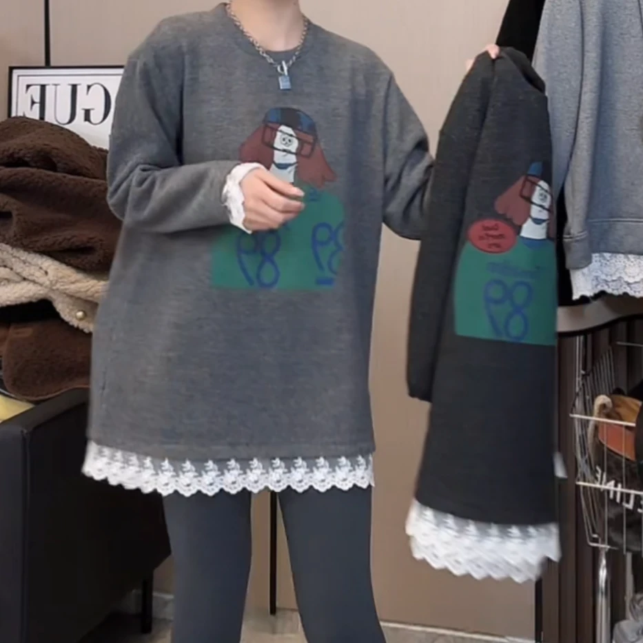 蕾丝上衣女设计感拼接下摆2024新款冬季新款休闲慵懒风打底衫T恤