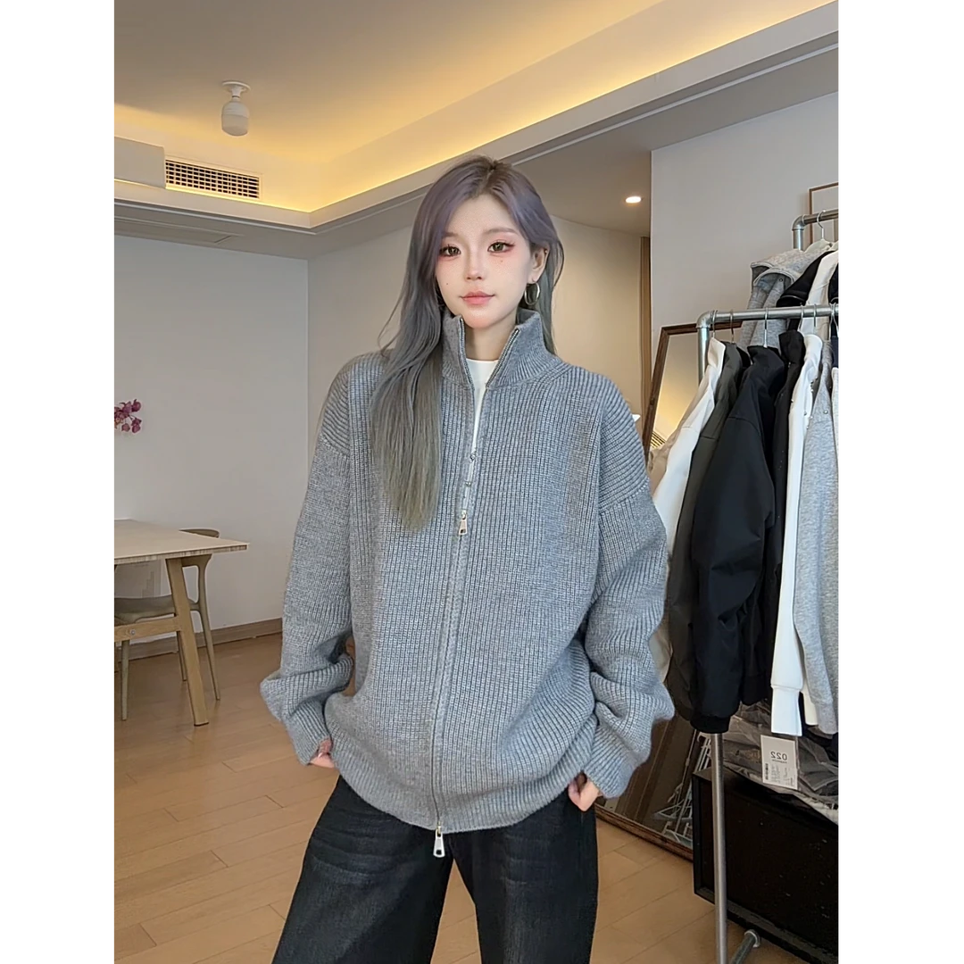 秋冬季美式重磅针织衫慵懒风立领开衫毛衣男款双拉链毛线衣外套潮