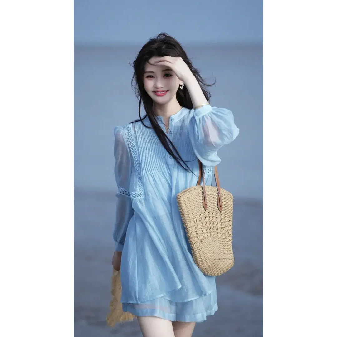 夏装一整套大方得体高级感小个子韩系蓝色衬衫休闲套装短裤两件套