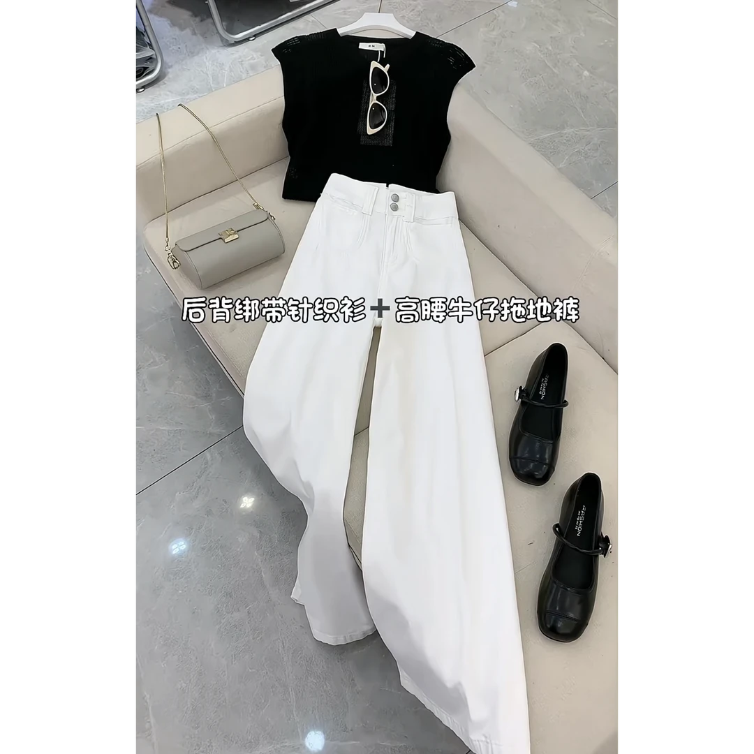 今年流行穿搭一整套2025新款气质针织短袖高腰休闲阔腿裤两件套潮