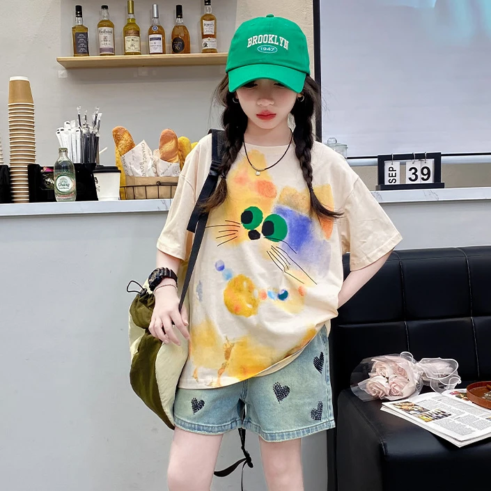 女童纯棉短袖T恤上衣韩版潮休闲儿童中大童小女孩百搭花边袖t时尚