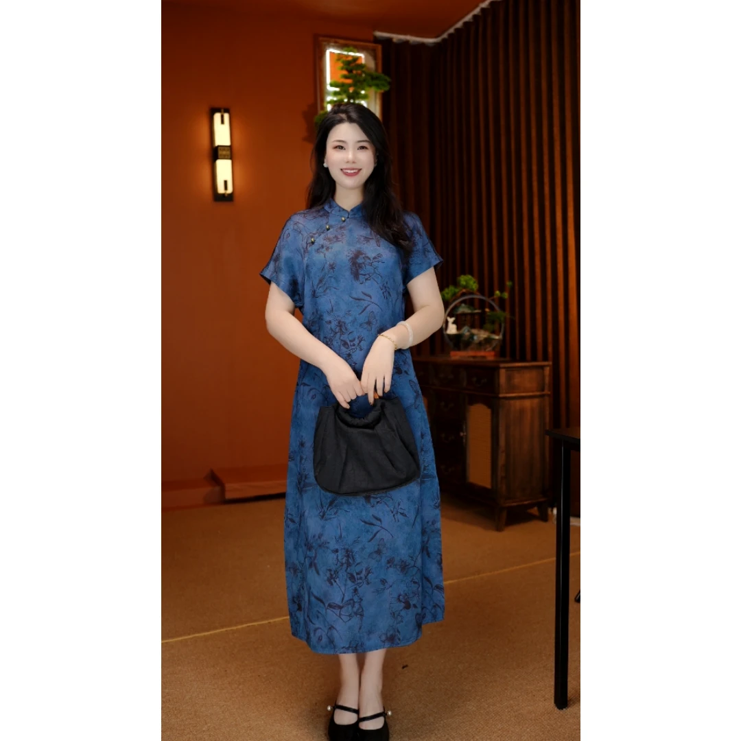 【碧海蓝天】国风双面穿刻丝提花旗袍领领长款品质女装连衣裙