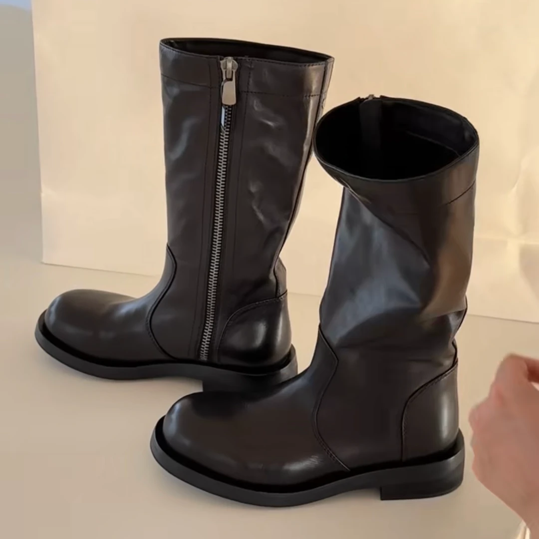 诗歌兰女鞋2025新款真皮时尚显瘦长筒靴百搭复古骑士靴女18901-3