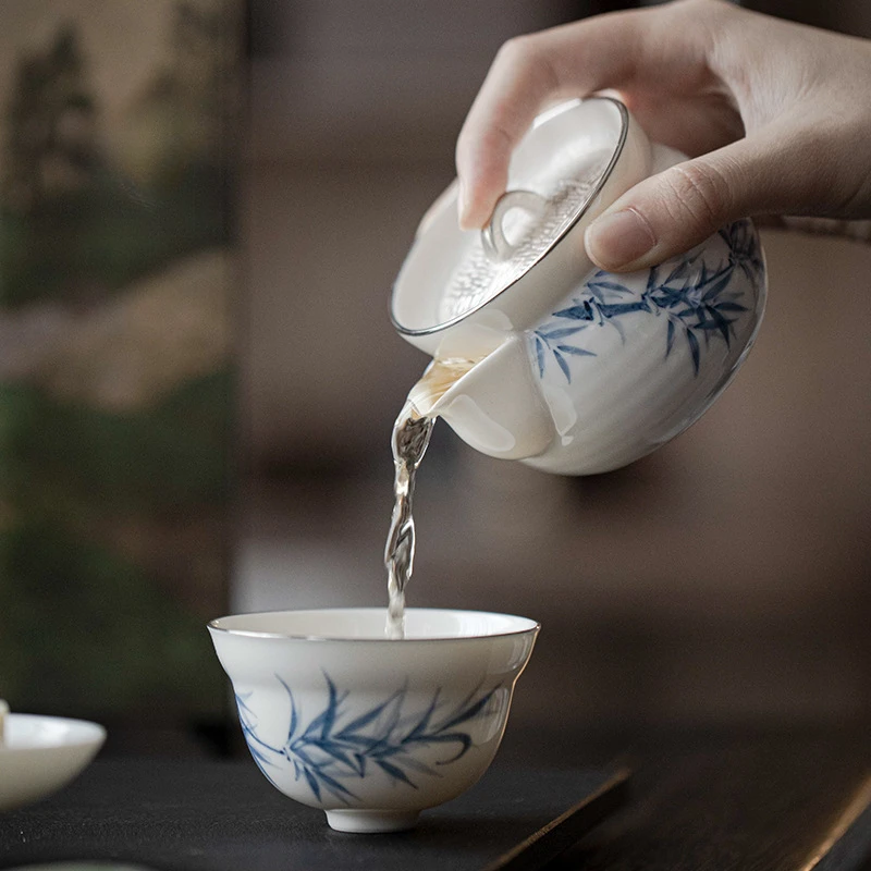 美朵|手绘青花竹子一壶一杯家用茶壶主人杯布包旅行茶具套装