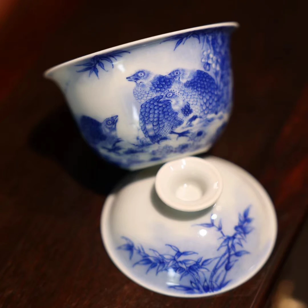 五鹌卧足青花盖碗茶具陶瓷青花瓷