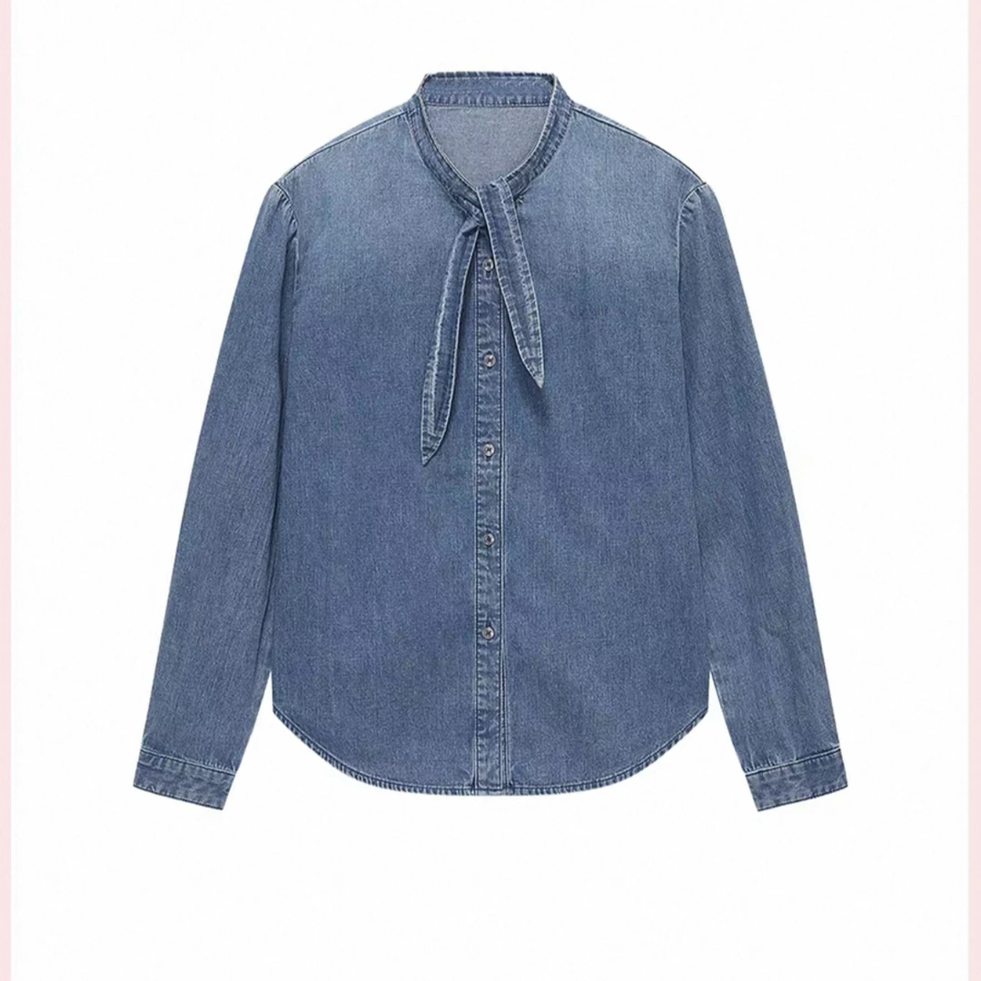 女长袖冬季中长款秋季休闲风衬衫蓝色时尚牛仔水洗9608