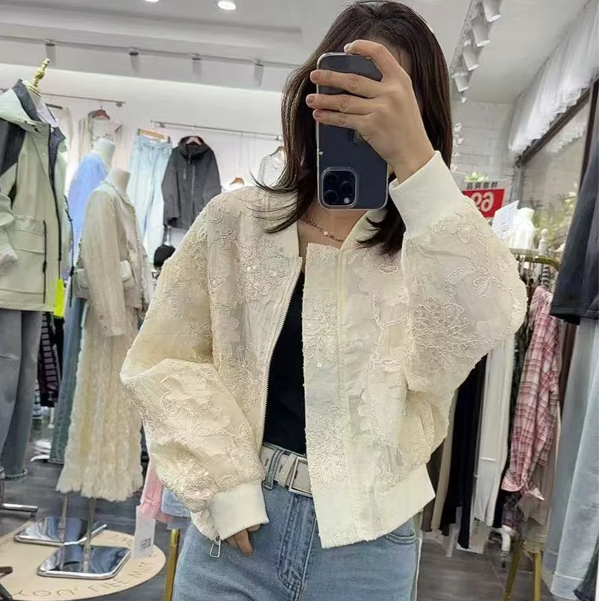 春夏新品蕾丝拼接半透时尚棒球服外套上衣夹克女洋气气质青春减龄