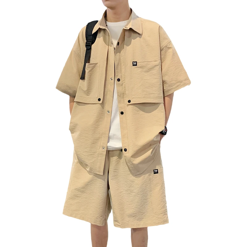 BUNO官方正品冰丝短袖衬衫男套装12夏季新款潮牌15岁休闲衬衣短裤