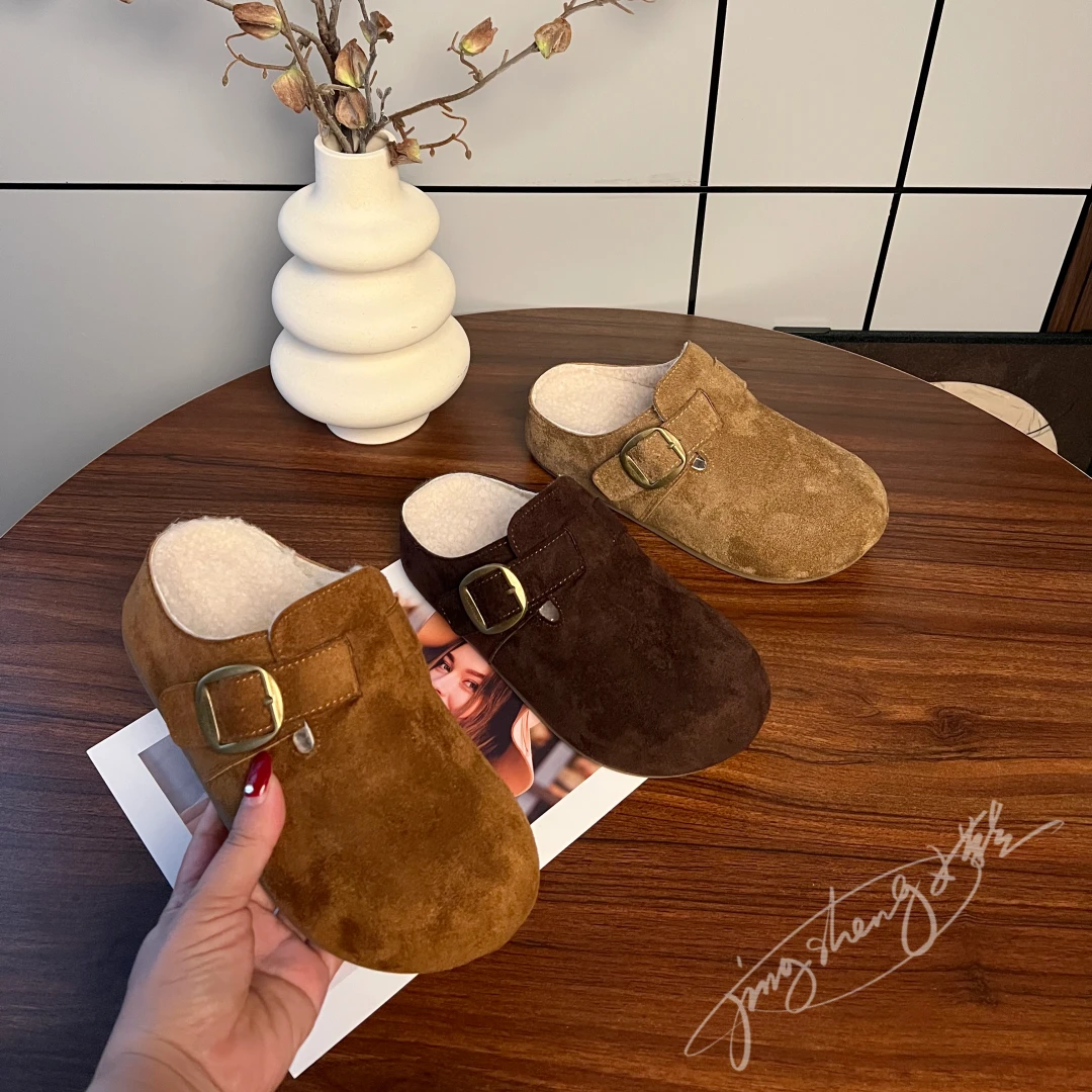 厚底增高加绒勃肯鞋2025秋冬新款一脚蹬懒人博肯包头半拖鞋女外穿