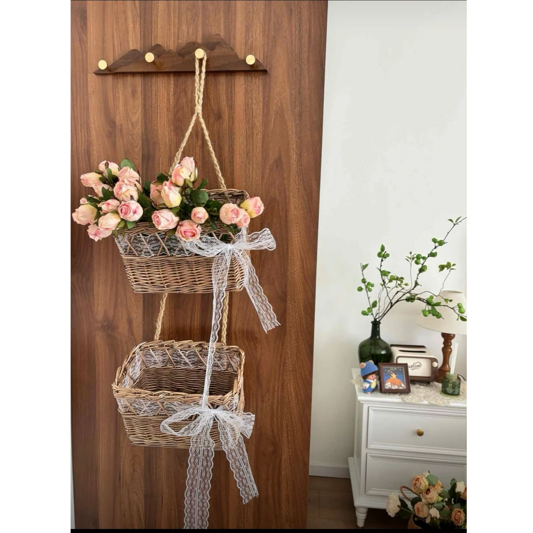 宜然家居复古镂空藤编收纳筐挂篮爆款客厅壁挂提篮收纳袋壁挂花篮