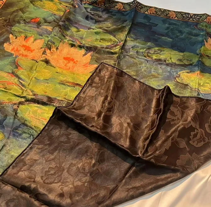 140香云纱湖丝方巾-夏荷涟漪 135cm丝巾 050