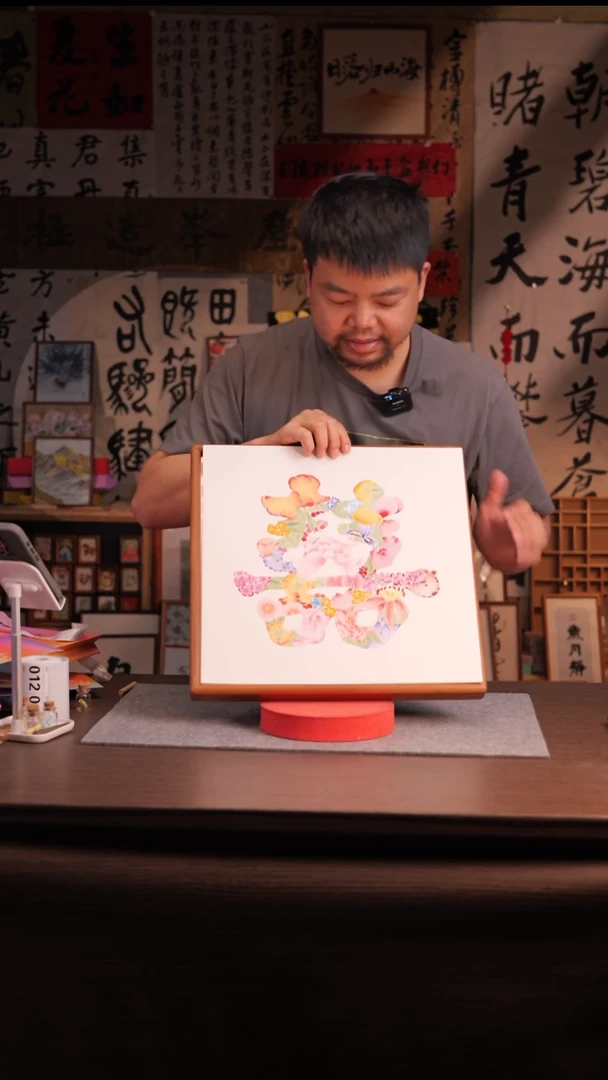 国画-百花喜 --实木 海棠木 40*40-