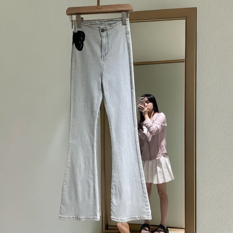 开衩高腰女休闲风喇叭裤牛仔裤微喇裤时尚休闲长裤