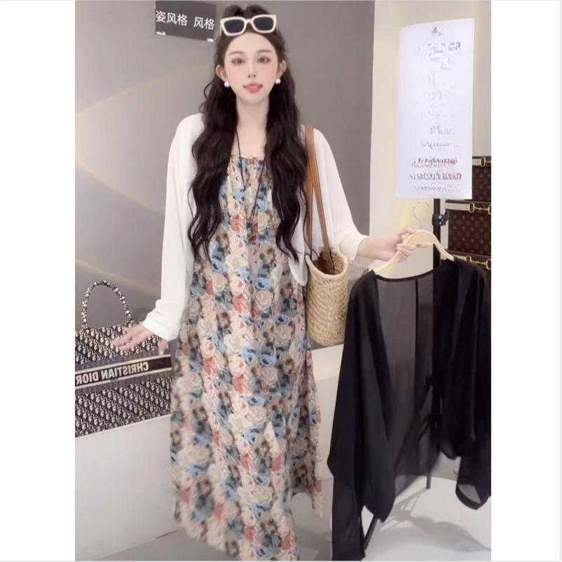 2025夏装连衣裙轻奢高级感黑色防晒罩衫波点吊带裙两件套装女夏季