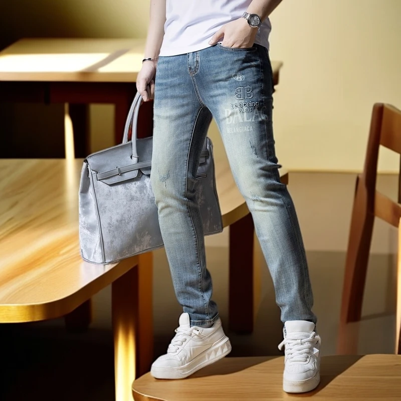 维斯克纳潮流男装烫钻休闲小脚长裤男士春季新款潮简约修身牛仔裤