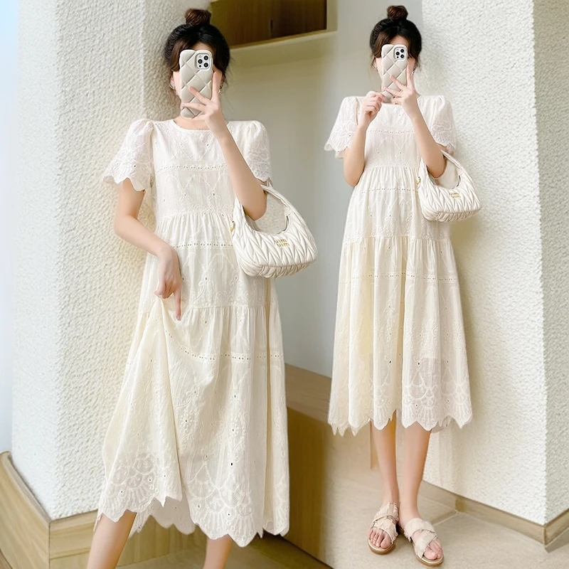 孕妇夏装中长款纯棉韩版遮肚显瘦孕妈时尚大码连衣裙宽松蕾丝