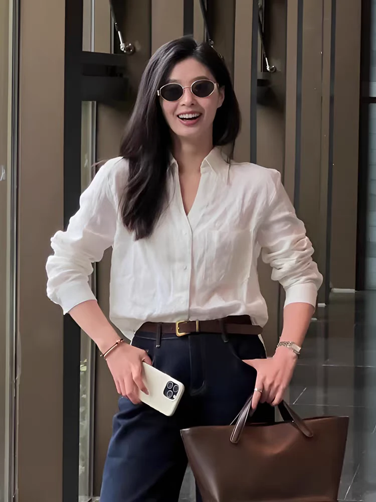 轻奢高级感白色亚麻长袖衬衫女秋季新款法式小衫超好看漂亮上衣潮