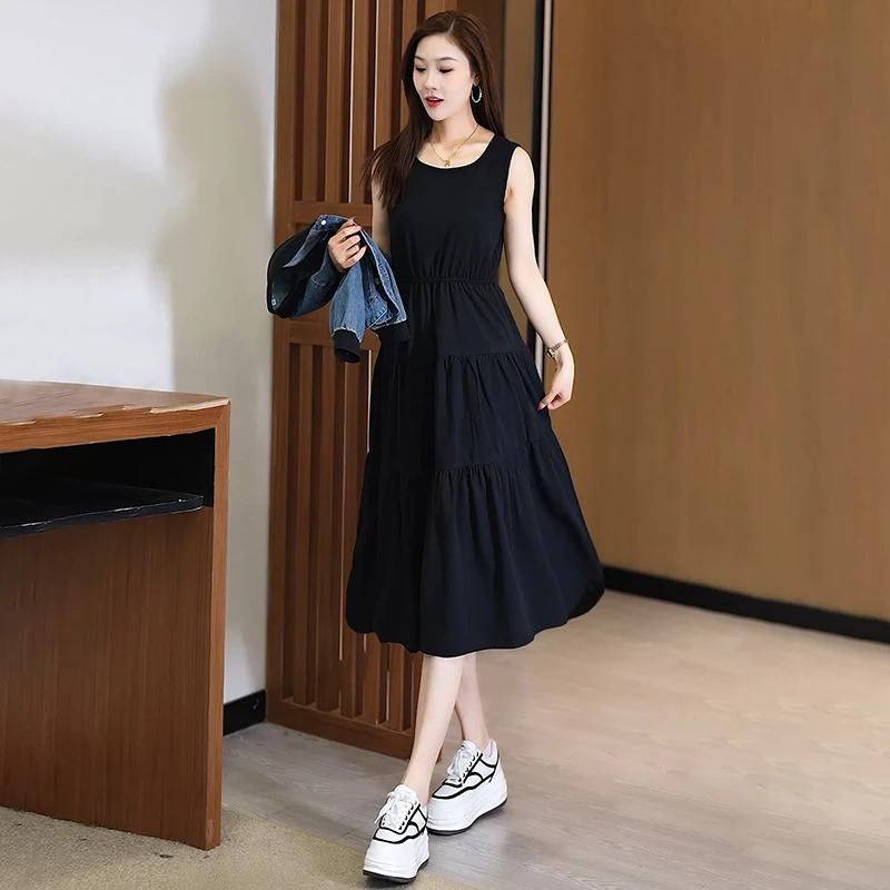 2024春夏新款宽松连衣裙女装显瘦气质长裙夏季黑色洋气高腰裙子女