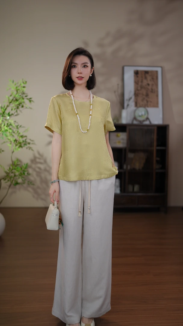 GONG QUE【素韵】新中式桑蚕丝气质圆领百搭短袖上衣 3299