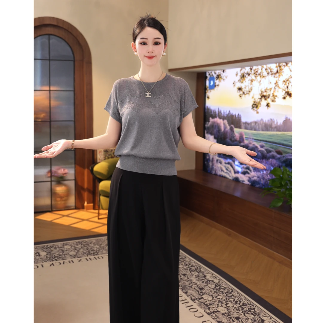 2026年夏季新款【QQ-1190PY】短袖薄款百搭灰色休闲莱赛尔针织衫