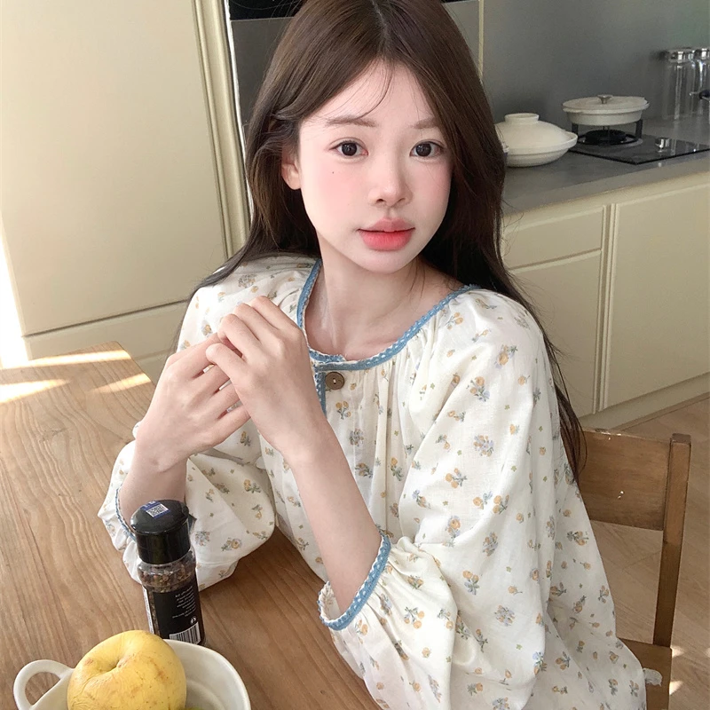 韩国ins小清新碎花纯棉纱布睡衣女春季长袖长裤甜美花边家居服薄