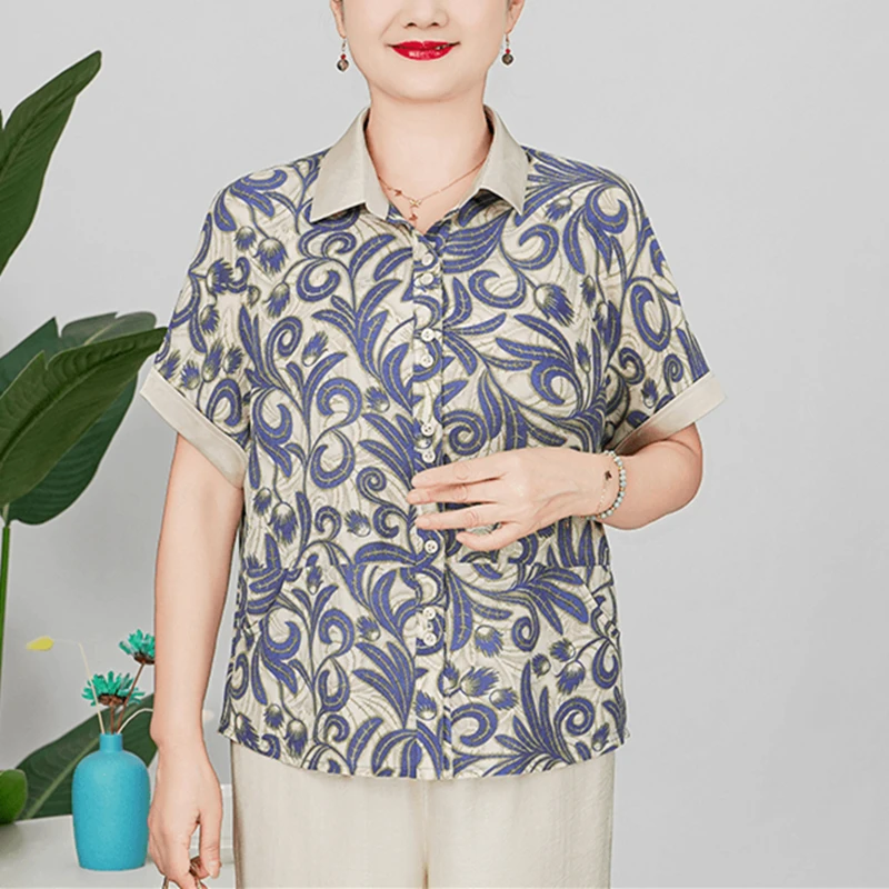 夏季新中式花色薄款中老年女装衬衫休闲通勤大码遮肉显瘦高档衬衫