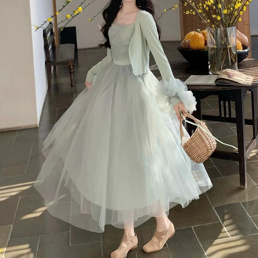 【阿喜】舞者之声-2025新款显瘦吊带连衣裙法式纱裙+开衫减龄套装