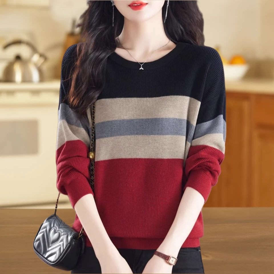 原单意大利大牌女装欧货拼色圆领套头毛衣春宽松时尚针织上衣女款