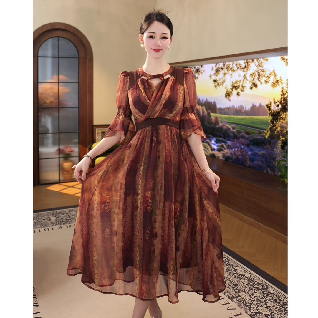 2025夏季新款【DD-2535】高级百搭气质圆领镂空印花收腰连衣裙子女