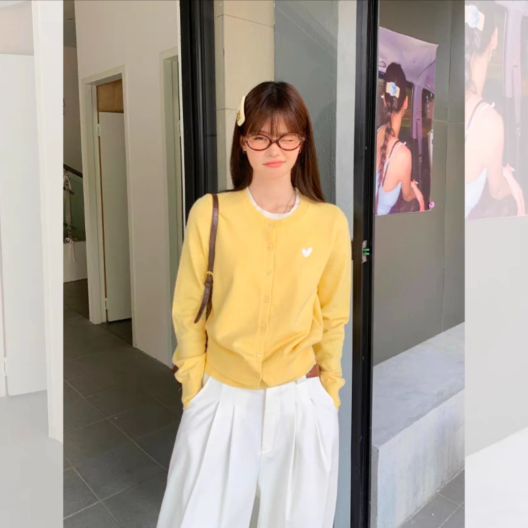 宋正恩黄色假两件针织开衫外套女爱心毛衣外搭高级小上衣AA12564