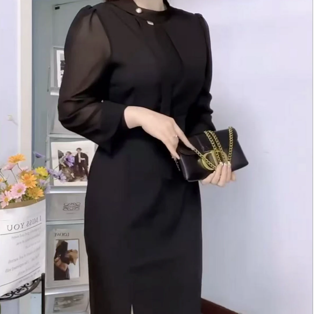 纯色春秋长袖直筒裙拼接连衣裙法式春季裙子轻奢显瘦名媛长裙