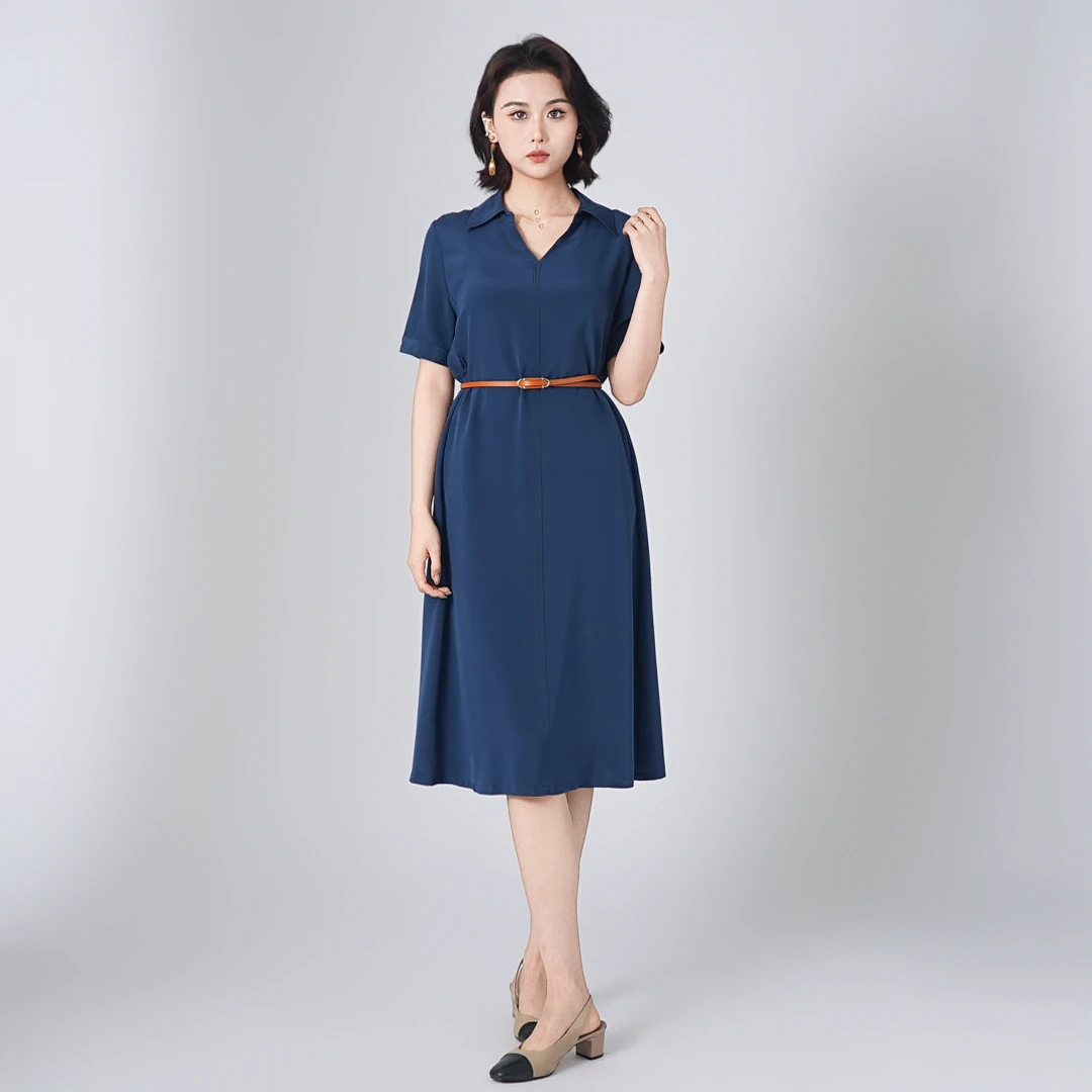WENSILIAN【黛蓝吟】100%桑蚕丝连衣裙（裙长：108cm）WS28-6185