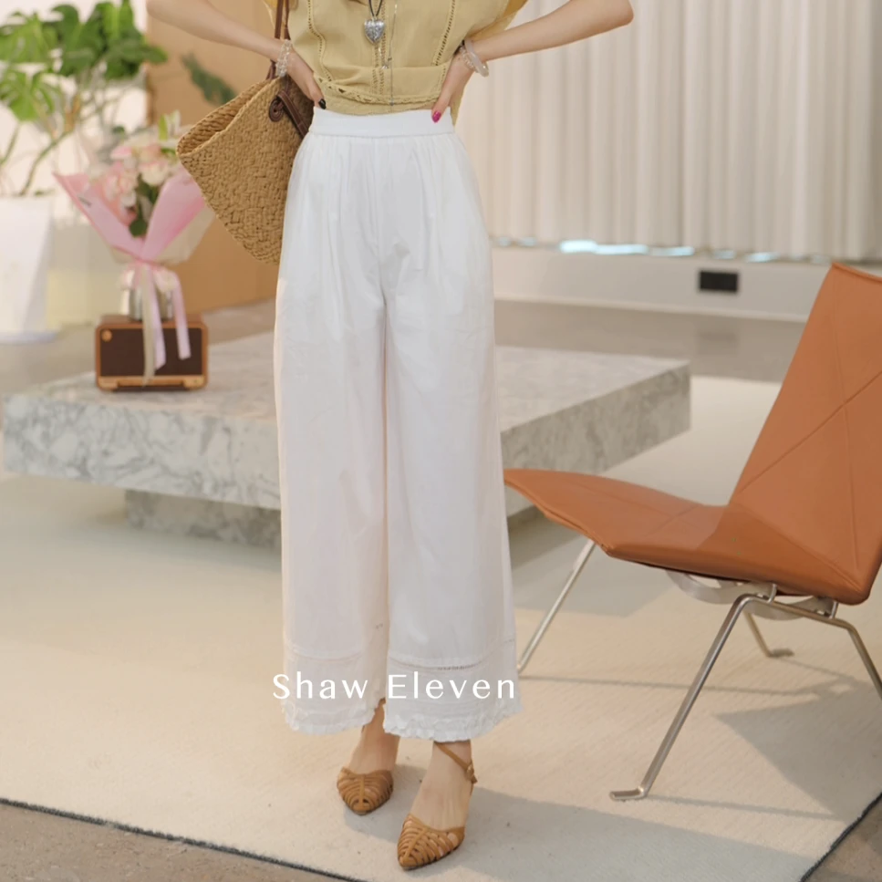【Shaw Eleven】2025夏装新款百搭松紧腰木耳边织带阔腿裤2663