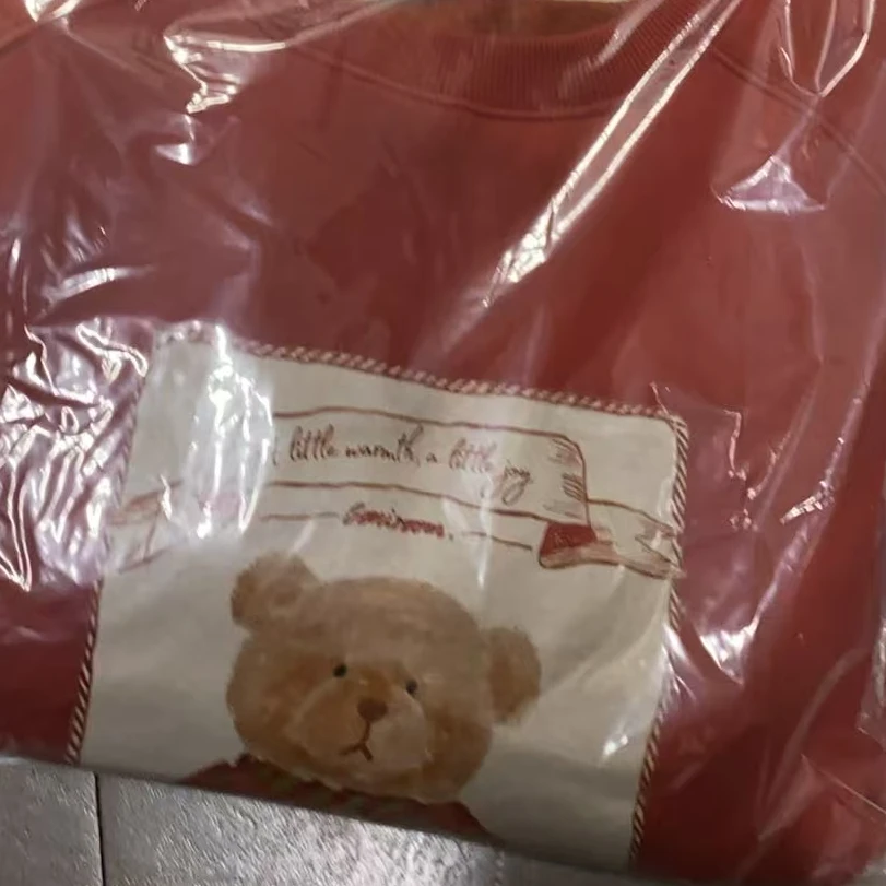 ［小小布］no退换-东大门正品b5e西瓜红色插肩袖小熊卫衣