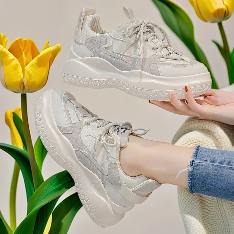 纳帕皮拼接时尚休闲鞋透气韩版厚底网红运动鞋春季女鞋休闲鞋