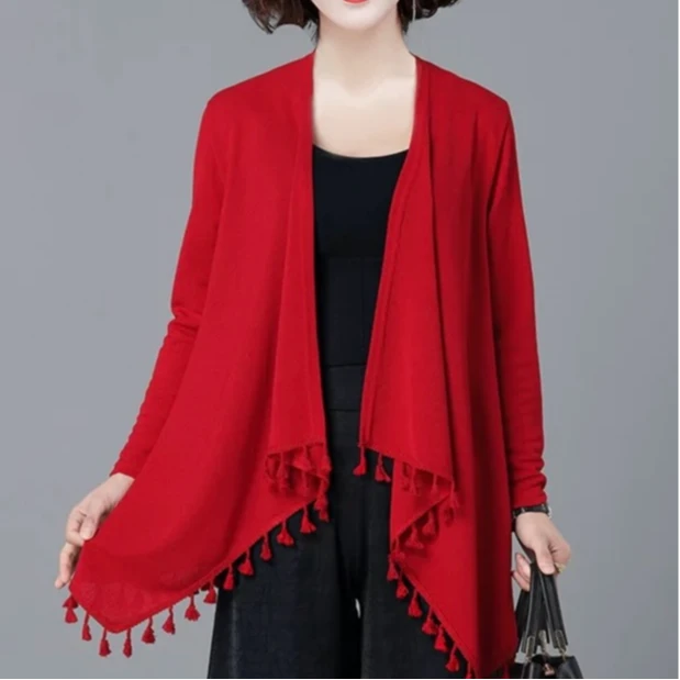 【黄小西】8121-1633#新款曲珠针织流苏开衫显瘦遮肉披肩外套