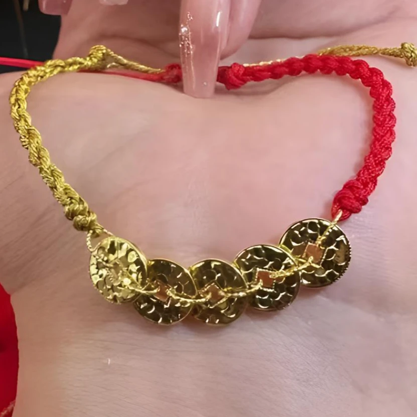 【德欣珠宝】18k金 碎碎冰五帝币红绳 优雅百搭气质DY