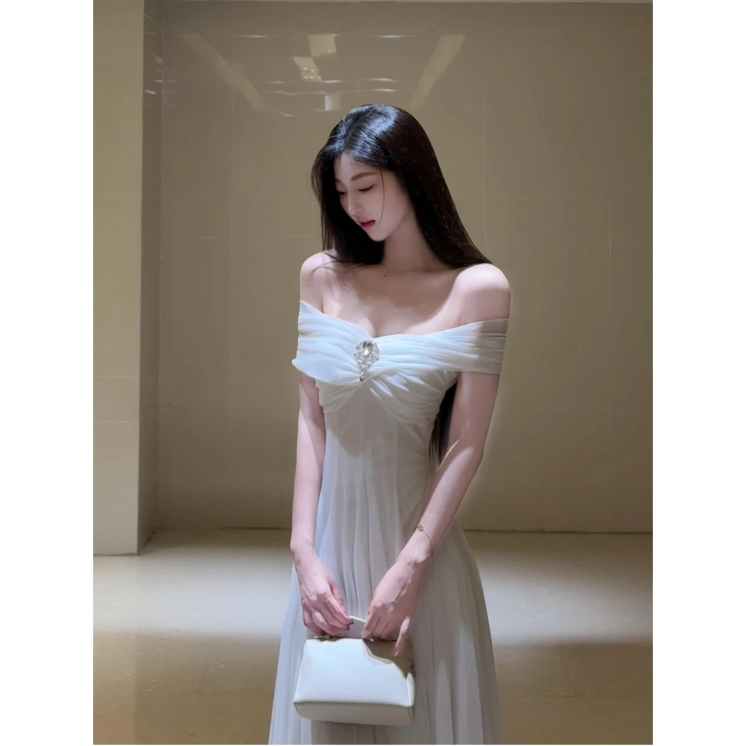 【月神】2025夏季新款名媛轻奢千金感白月光两穿网纱抹胸连衣长裙女