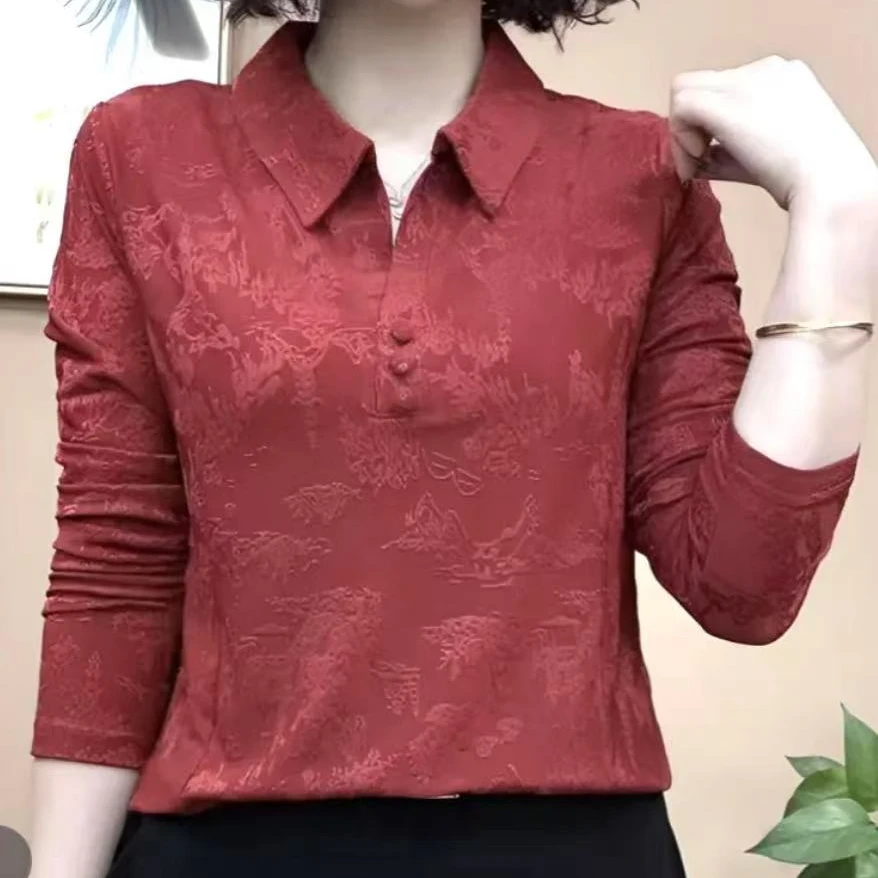 1218提花polo领长袖女士印花洋气翻领休闲上衣