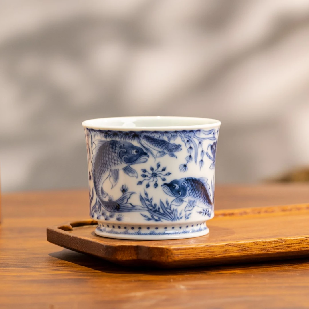 【瑶瑶甄选】望月怀古鱼乐图直口杯精工手绘景德镇陶瓷品茗杯中式
