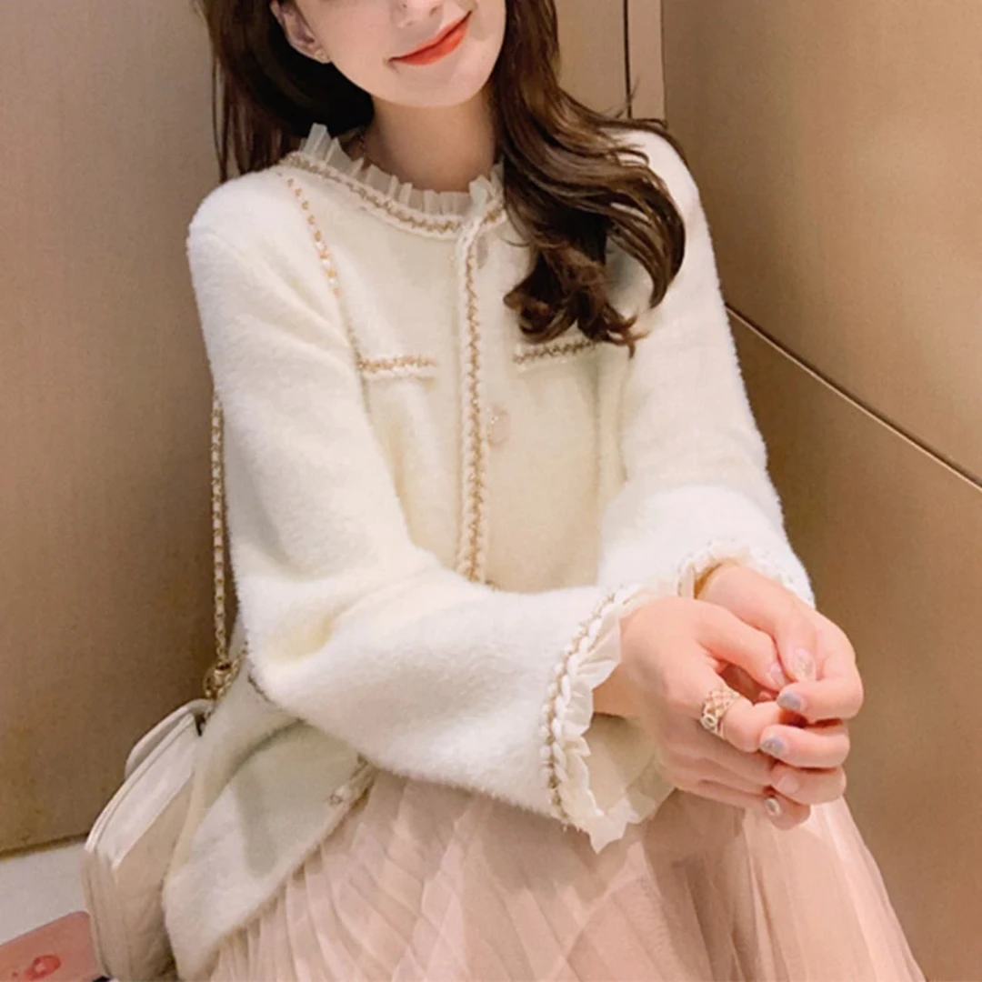 【高定金丝线绒蕾丝边厚款开衫】春秋冬双面提花时尚气质针织衫