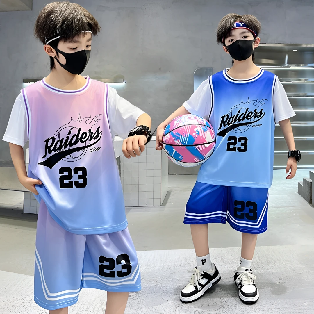 儿童篮球服套装夏季休闲透气速干初中青少年冰丝粉色球衣12-16岁