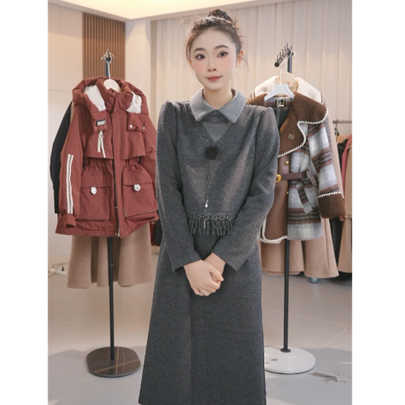 Y1732假两件洋气长袖加厚连衣裙女2024秋冬新款妈妈高端打底裙子