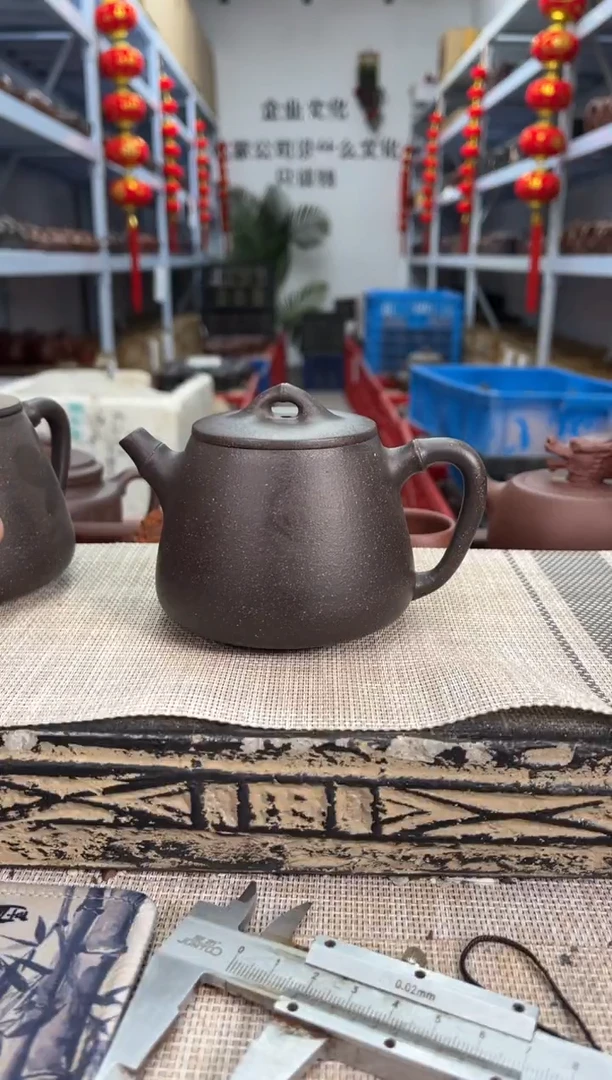 茶壶紫砂黑金砂光素竹节高瓢紫砂壶泡沫装