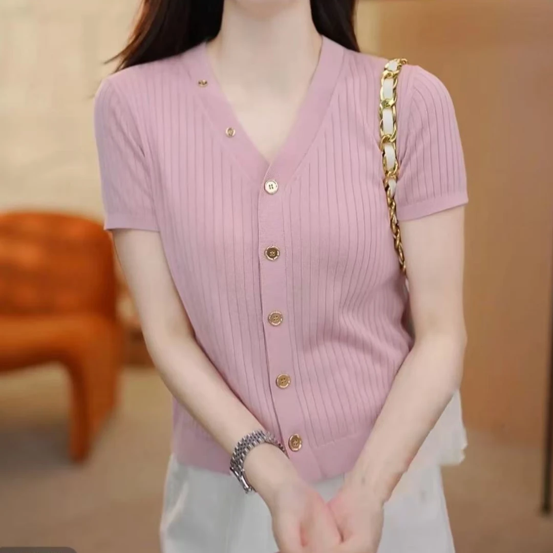 1】凉快~舒适~夏季莱赛尔新款休闲简约坑条开衫女短袖