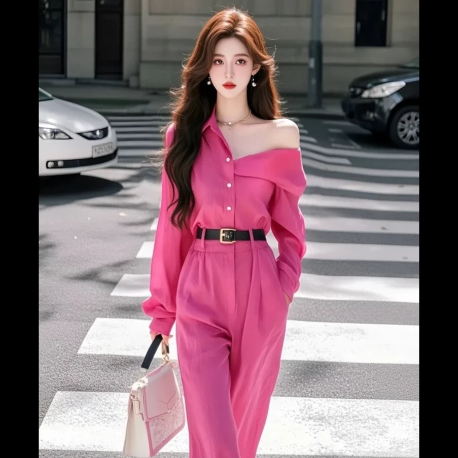 玫红色别致2025新款春装气质名媛高级减龄气质一体式独特两件套